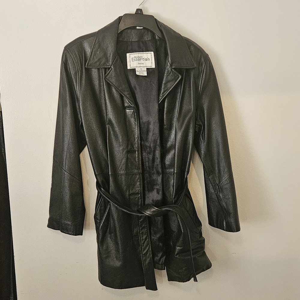 Black Leather Belted Jacket. 3/4 Length 32 Inches.